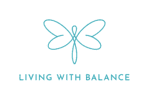 teal butterfly logo above Living with Balance. for header